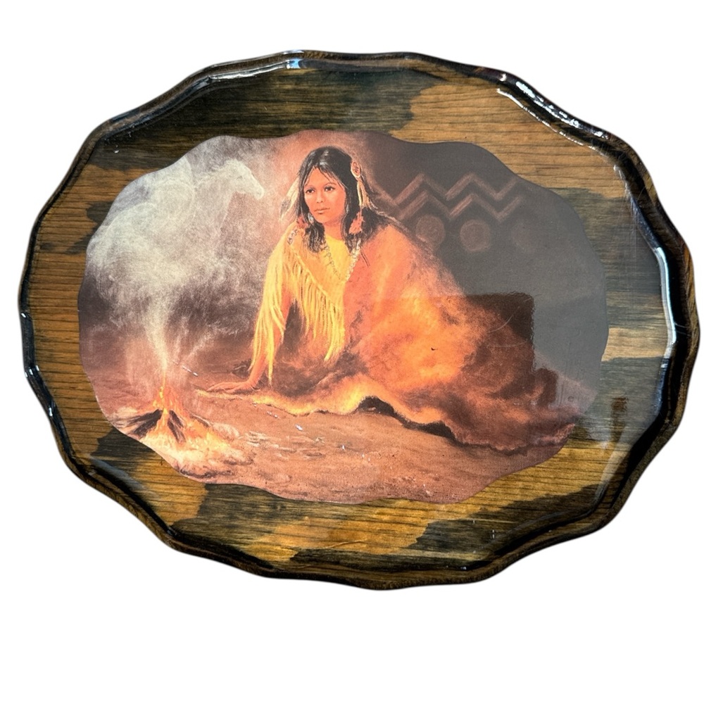 Vintage lacquered Native American Woman By Fire Smoke Horse And Rider Art Work - Picture 2 of 6